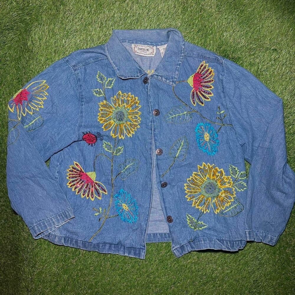Grandmacore denim jacket with colorful embroidery
